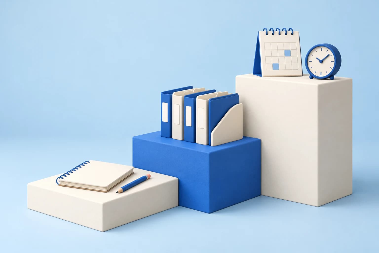 Ascending blue steps with organized notebooks, folders and a calendar