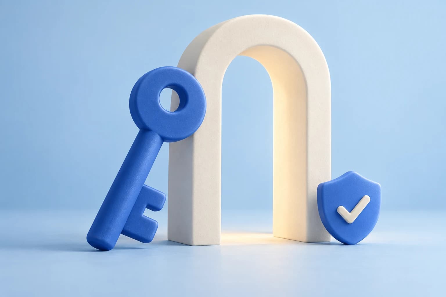 A blue key beside a welcoming doorway and shield