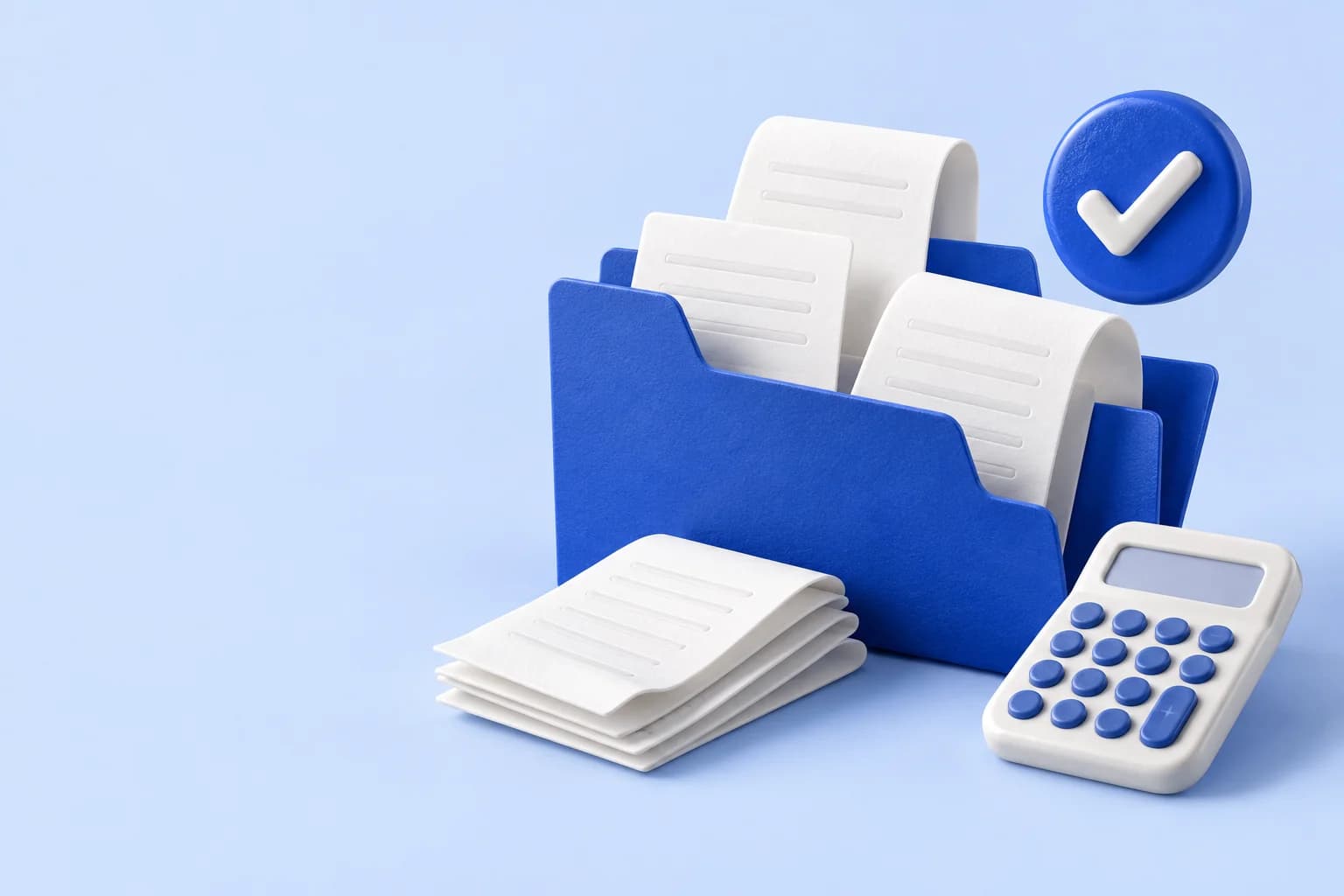 Blue document folder with receipts, a calculator and a check mark
