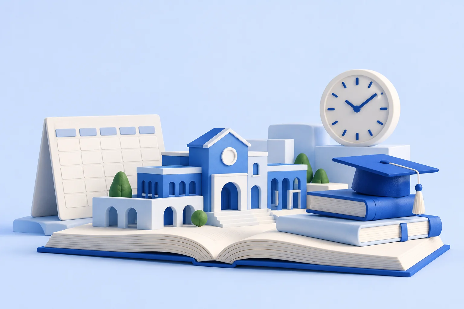 A sculpted blue school campus resting on an open book, with a calendar and clock